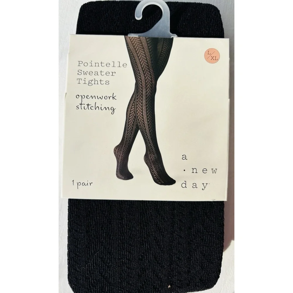 A New Day Pointelle Sweater Tights L/XL Black Openwork Stitching Set of 2 NWT